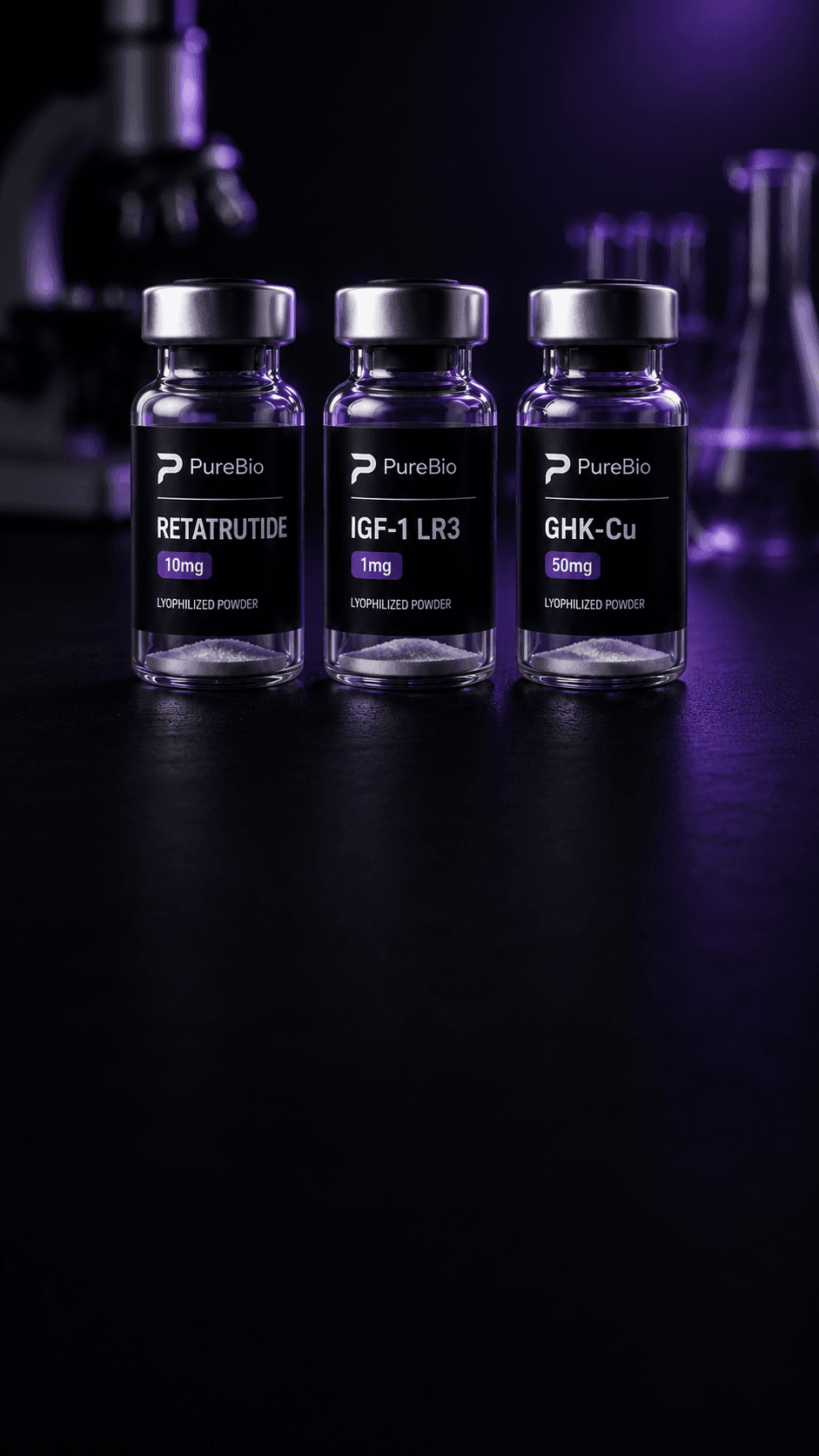 Three lyophilized peptide vials on a laboratory bench